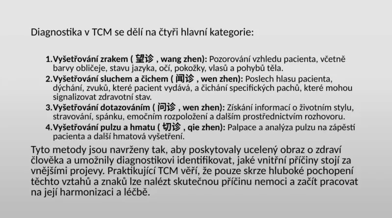 Slide z výuky: čtyři způsoby vyšetření v tradiční čínské medicíně
