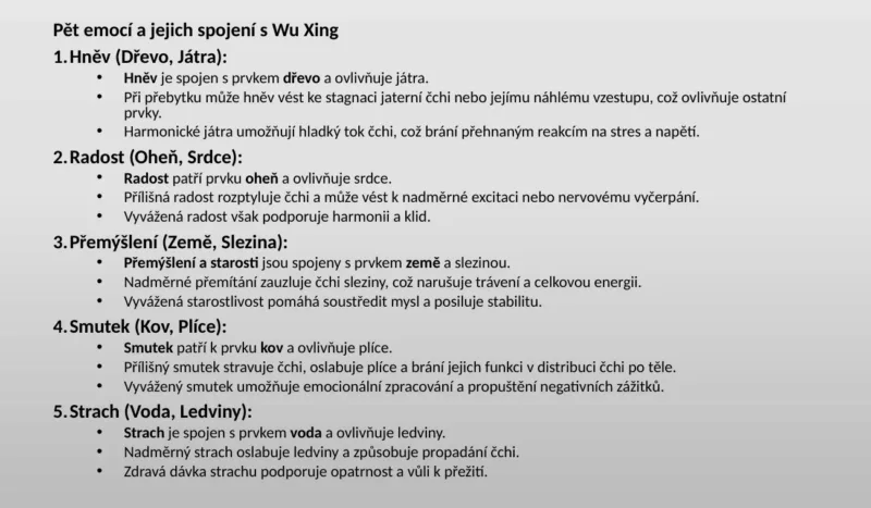 Slide z výuky: pět emocí a jejich orgány v systému Wu Xing