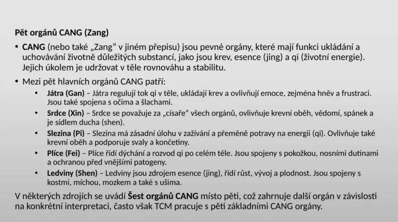 Slide z výuky: základní rozdělení vnitřních orgánů Zang a Fu