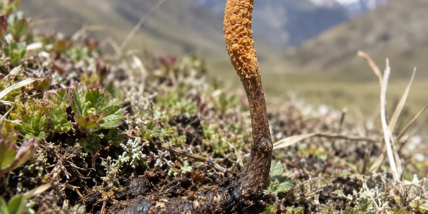 Housenice čínská (cordyceps) Housenice čínská (Ophiocordyceps sinensis) rostoucí ve vysokohorském terénu