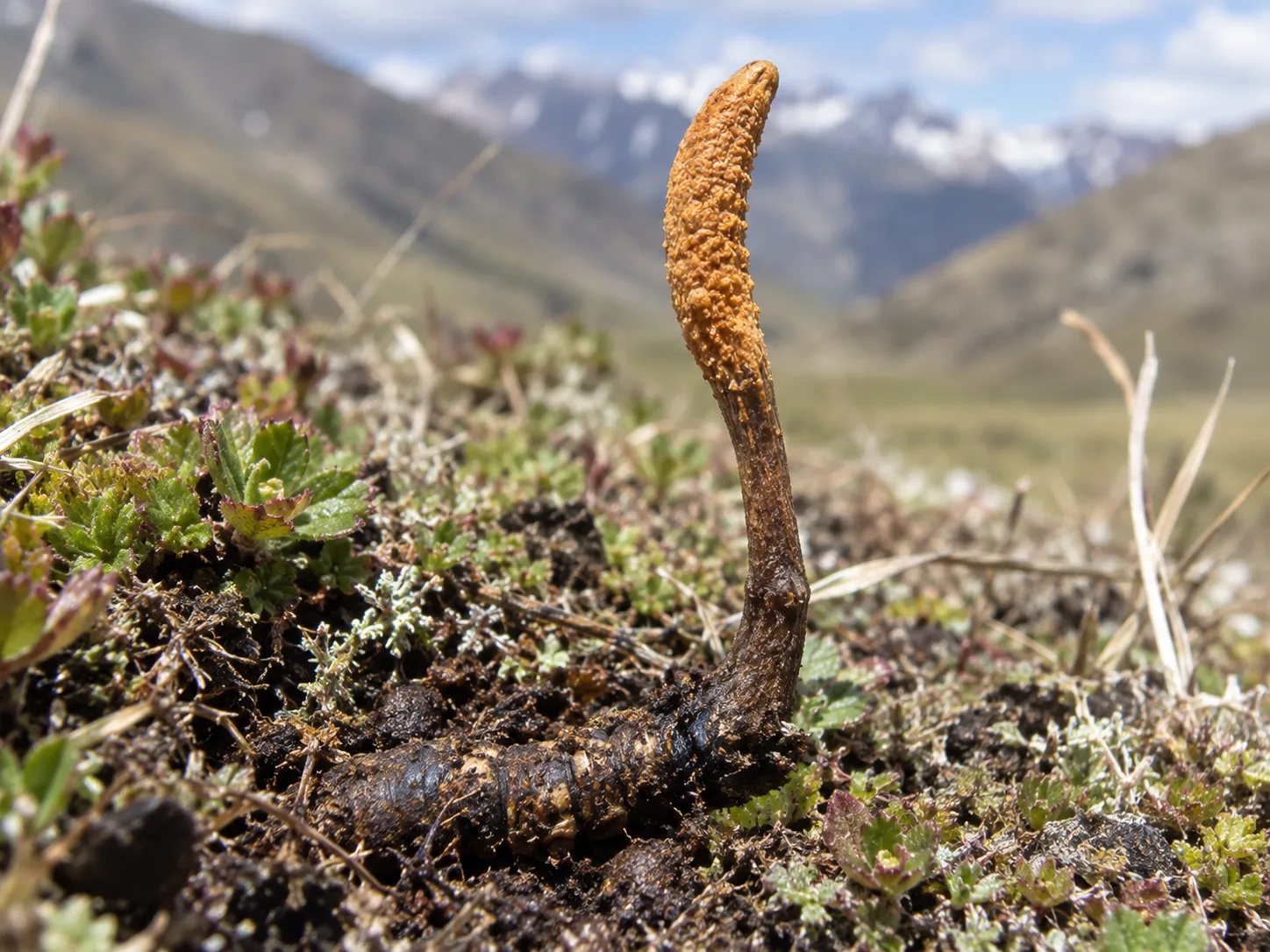 Housenice čínská (Ophiocordyceps sinensis) rostoucí ve vysokohorském terénu