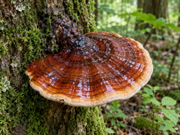 Lesklokorka lesklá (reishi, Ganoderma lucidum) rostoucí na kmeni stromu