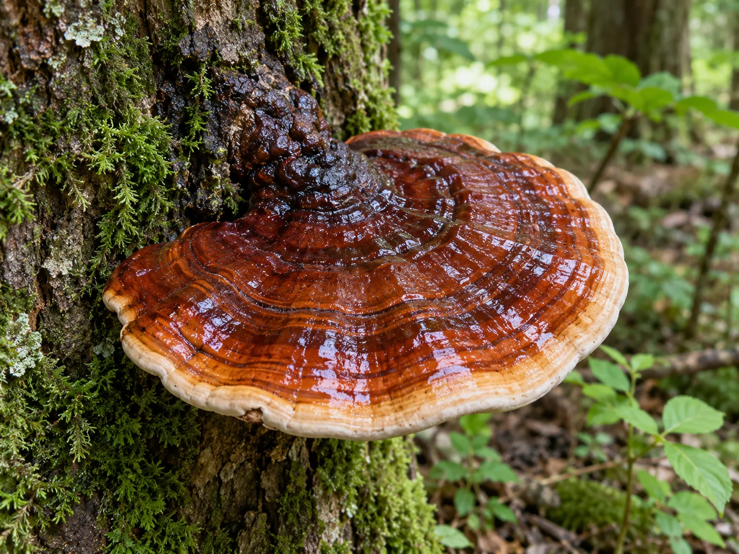 Lesklokorka lesklá (reishi, Ganoderma lucidum) rostoucí na kmeni stromu