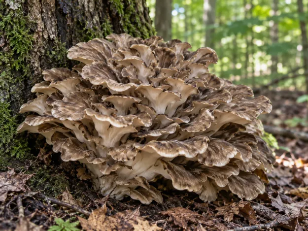 Trsnatec lupenitý (maitake) rostoucí u paty stromu