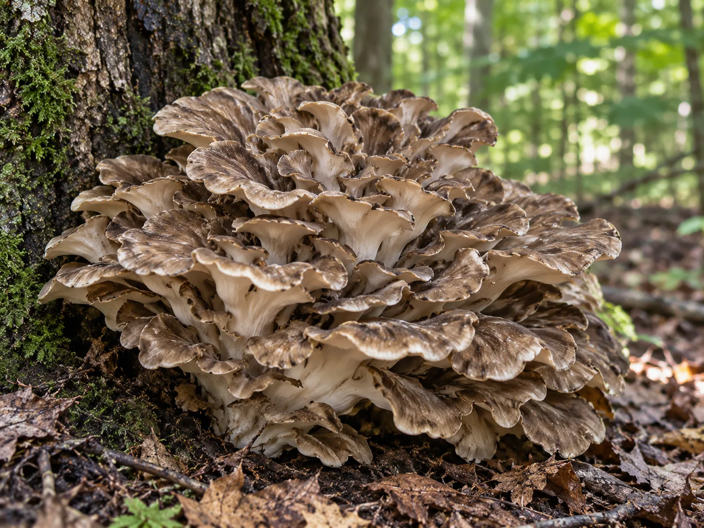 Trsnatec lupenitý (maitake) rostoucí u paty stromu