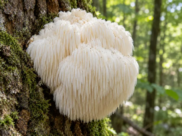 Korálovec ježatý (hericium) rostoucí na kmeni stromu