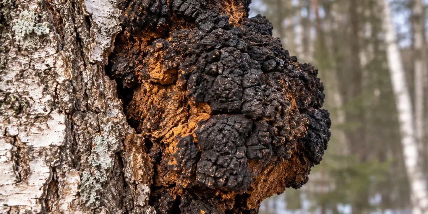 Rezavec šikmý (chaga) na kmeni břízy