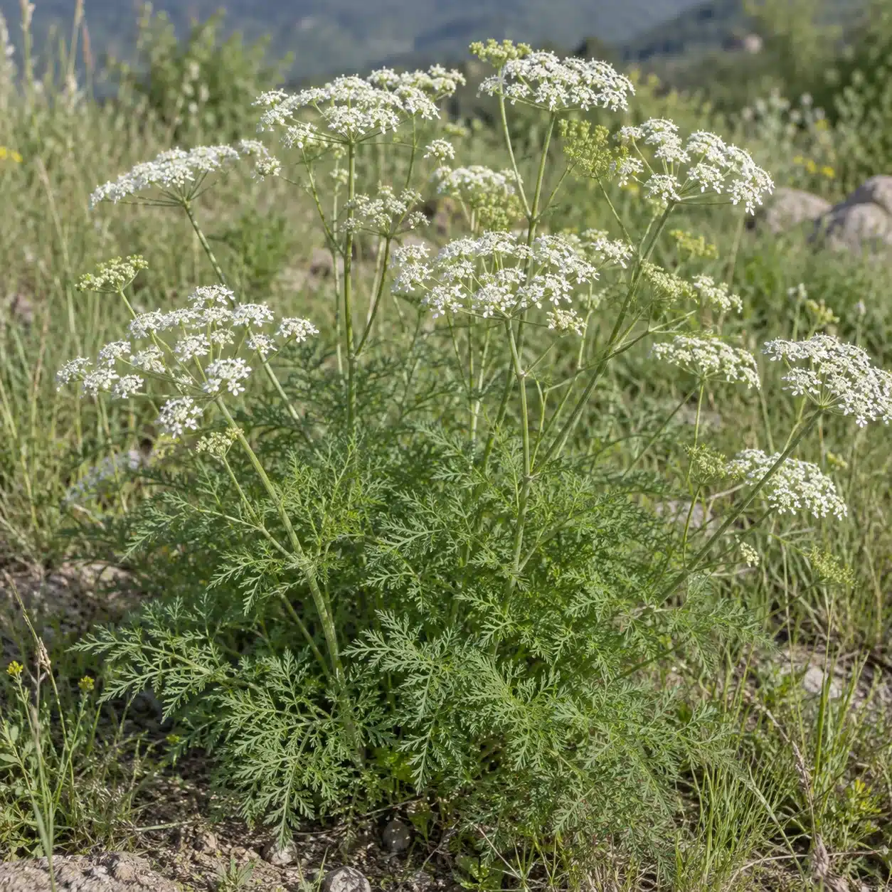 Fang Feng (Saposhnikovia divaricata) – kvetoucí rostlina v přírodě