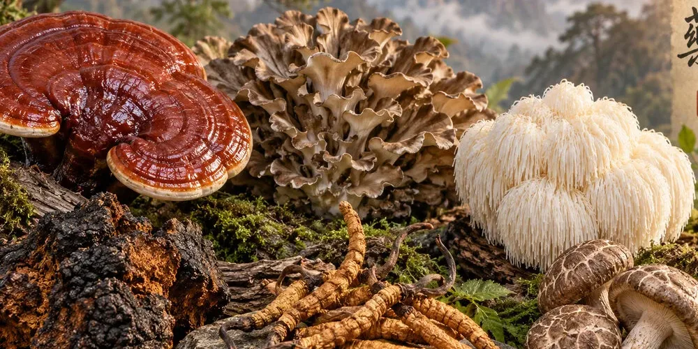 Léčivé houby v čínské medicíně Lesklokorka lesklá, maitake, hericium, chaga a housenice čínská s horskou scenérií