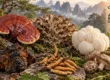 Lesklokorka lesklá, maitake, hericium, chaga a housenice čínská s horskou scenérií