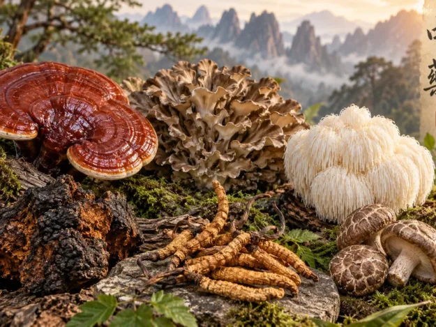 Lesklokorka lesklá, maitake, hericium, chaga a housenice čínská s horskou scenérií