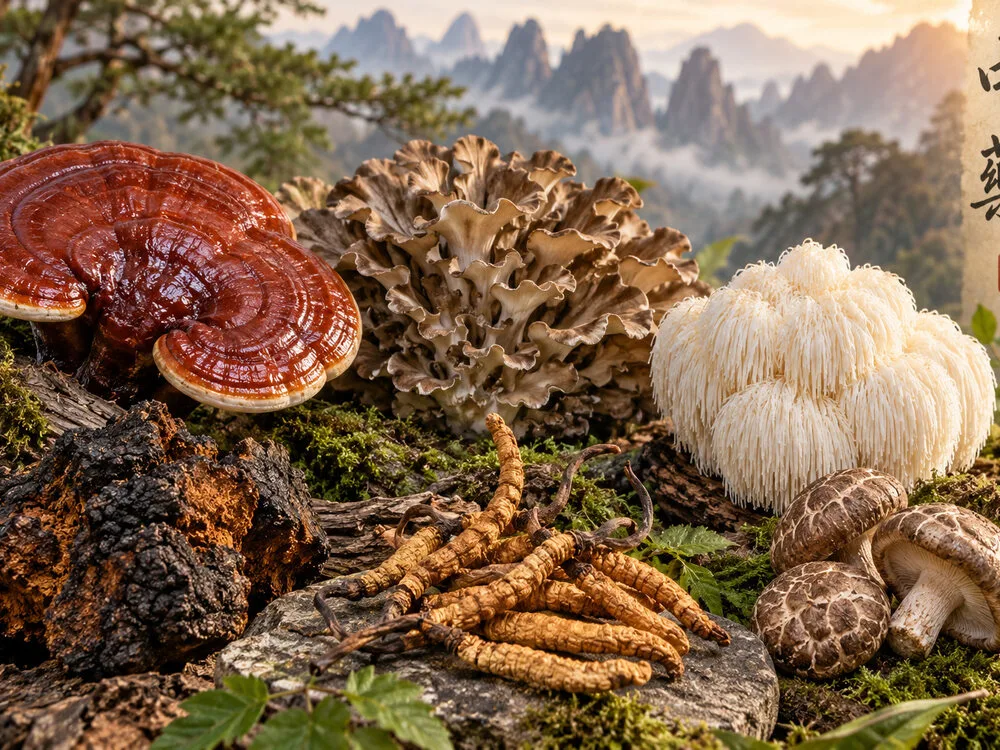 Lesklokorka lesklá, maitake, hericium, chaga a housenice čínská s horskou scenérií