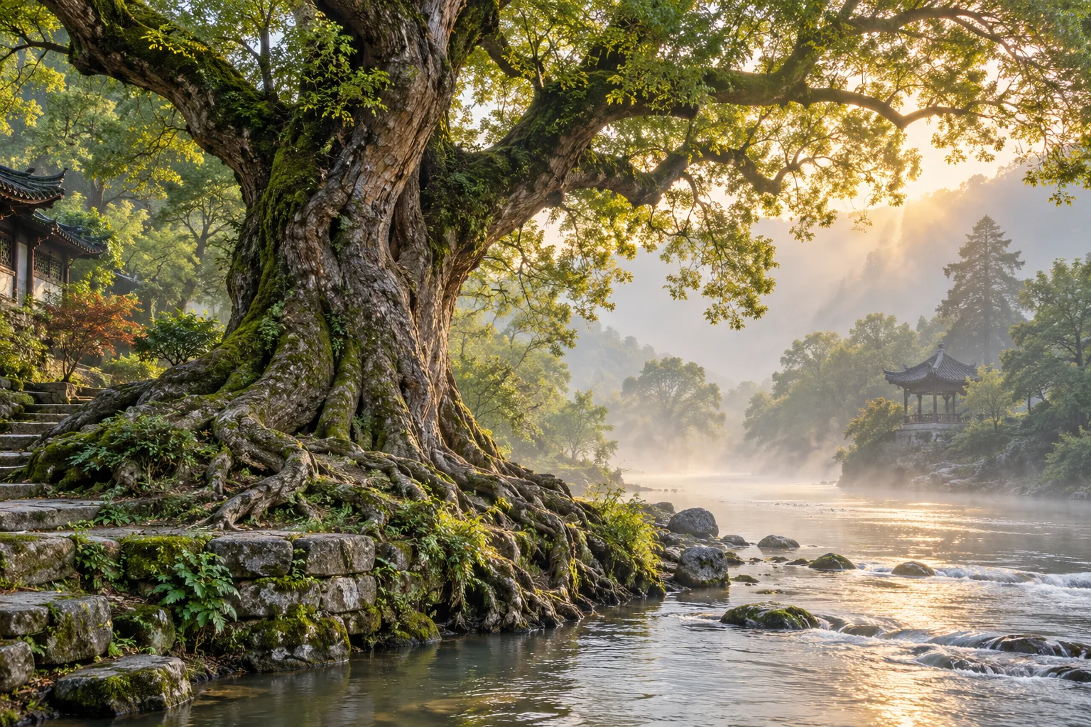 Starý strom nad klidnou řekou v ranní mlze