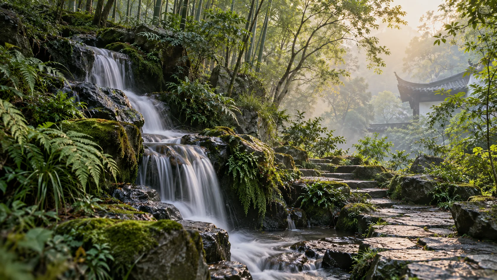 Kamenné schody u vodopádu mezi bambusem