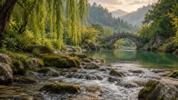Potok pod vrbou s kamenným mostem