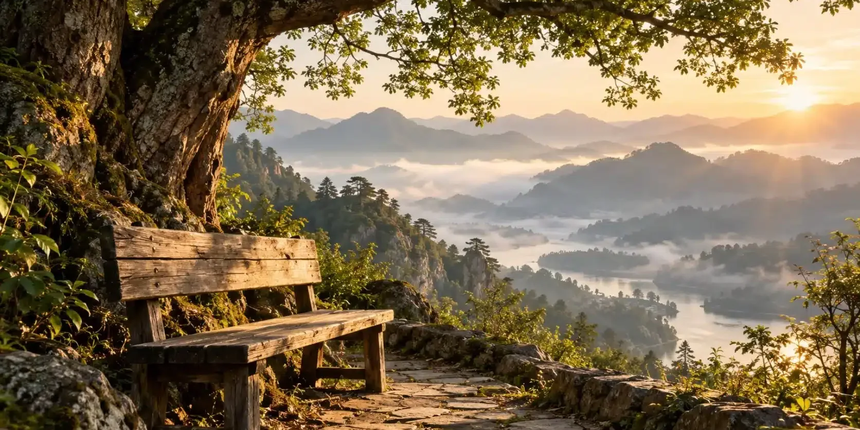 Lavička nad horami za úsvitu