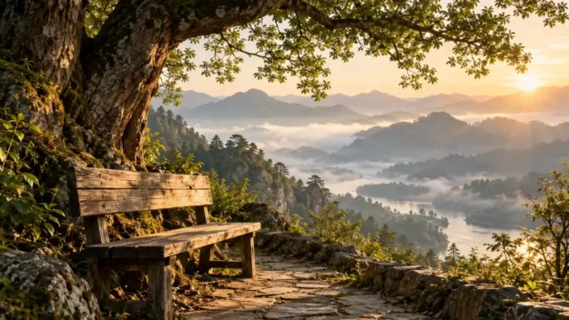 Lavička nad horami za úsvitu